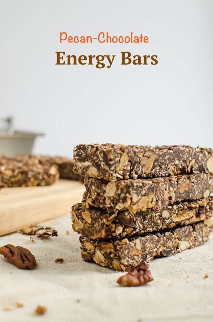 Delicious and nutty homemade energy bars perfect for takeout snacks or breakfast. Naturally sweetened and chocolaty too.