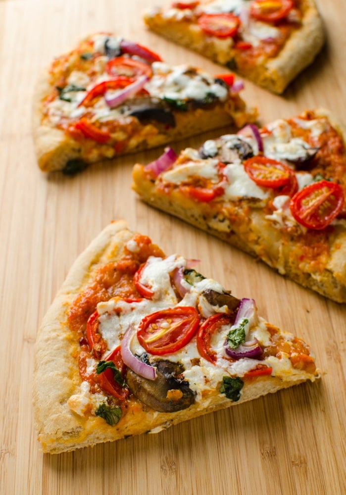 This heathy pizza recipe contains whole wheat pizza crust (low in fat), veggie toppings and homemade pizza sauce. 