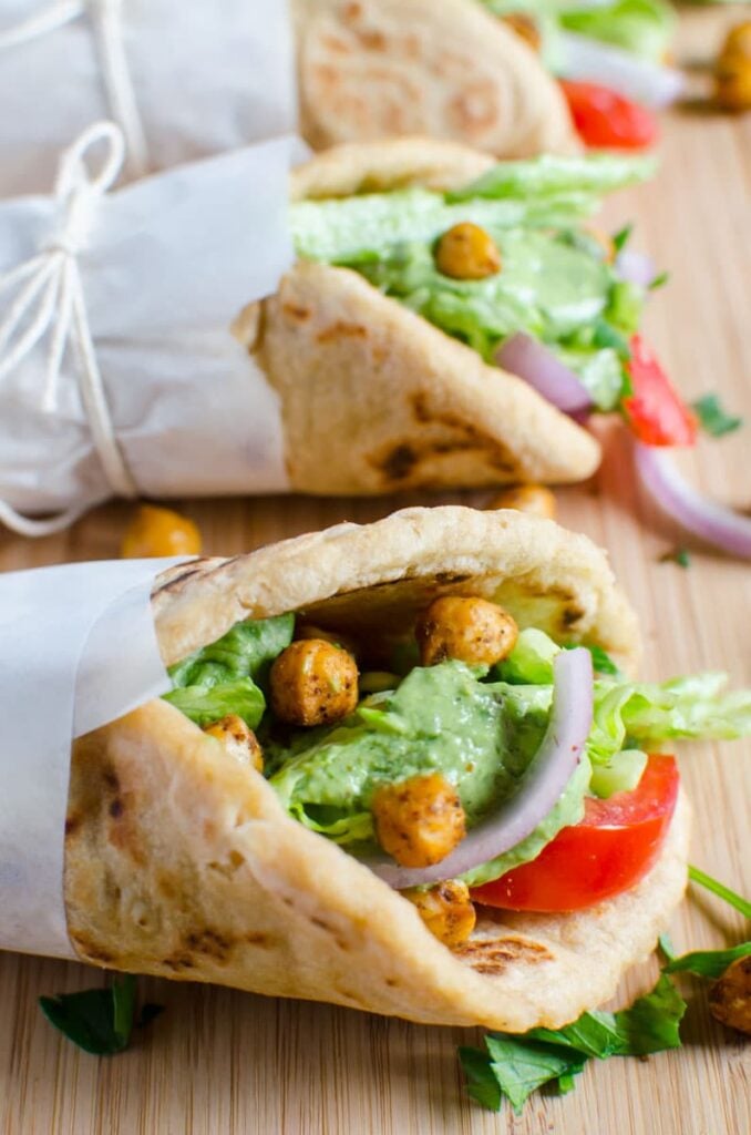 vegan naan wraps filled with chickpeas and avocado dressing. 