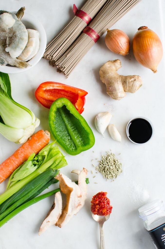 One pot Asian soba noodle soup that is healthy and rich in fibers, proteins and vitamins. Contains lots of fresh veggies.