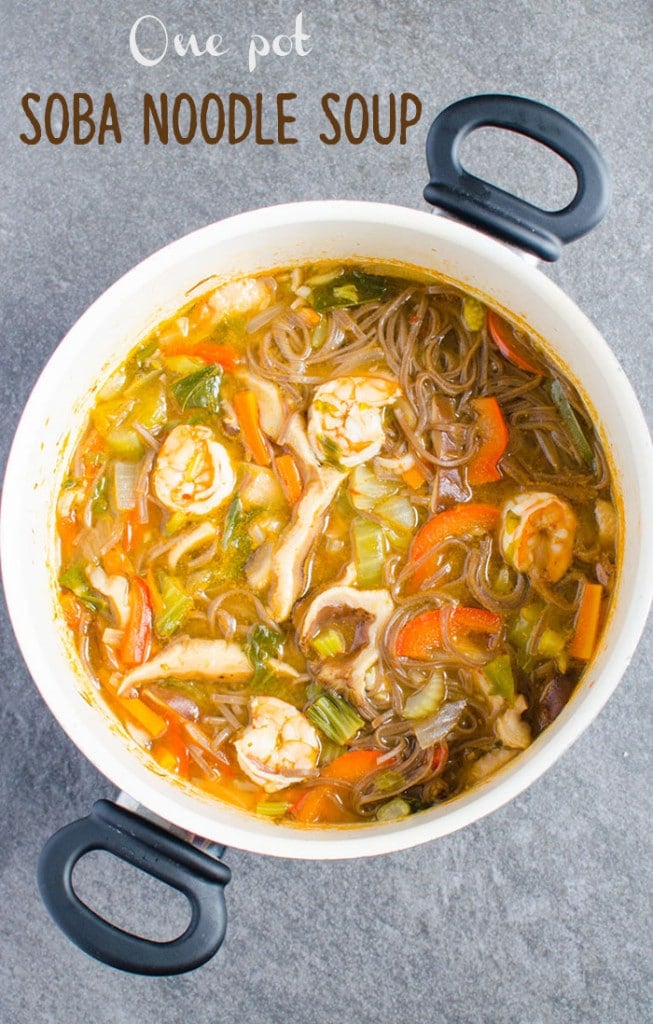 Asian soba noodle soup loaded with fresh vegetables. Rich in fibers and proteins. Healthy option for busy weeknights. 