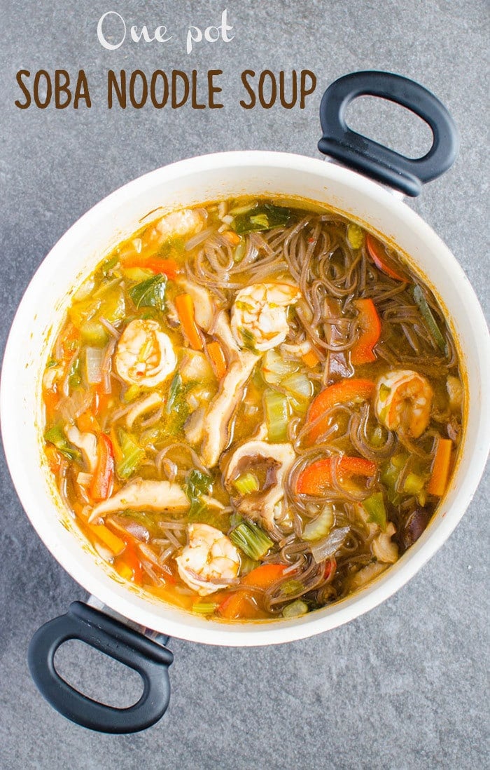 Asian soba noodle soup loaded with fresh vegetables. Rich in fibers and proteins. Healthy option for busy weeknights.
