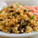 Mexican brown rice in a serving dish.