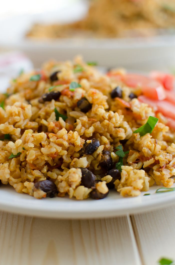 Mexican brown rice in a serving dish. 