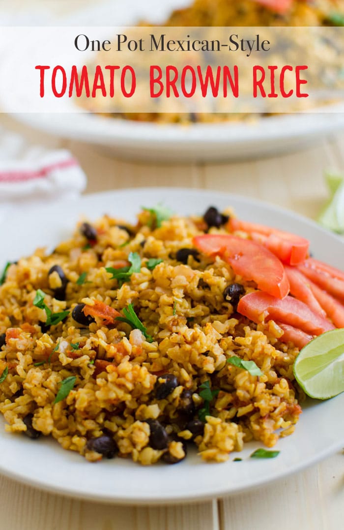 Healthy Mexican style tomato rice prepared using brown rice and fresh tomatoes. Also contains healthy proteins and is rich in dietary fibers. Great for weight watchers. It is vegan too