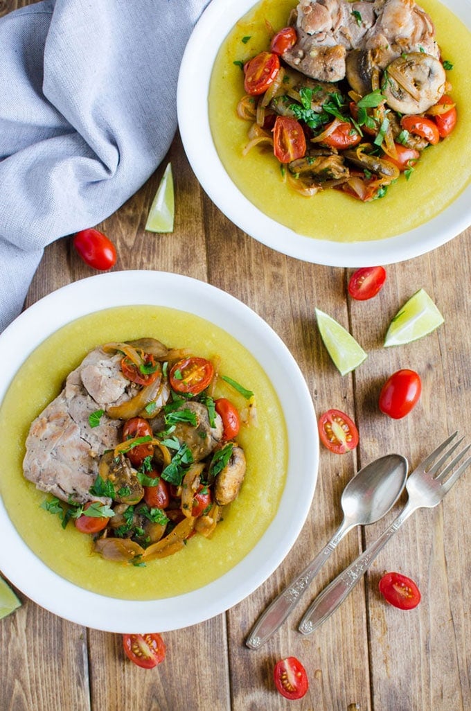 Creamy polenta topped with roasted chicken and mushrooms. Gluten free and healthy 