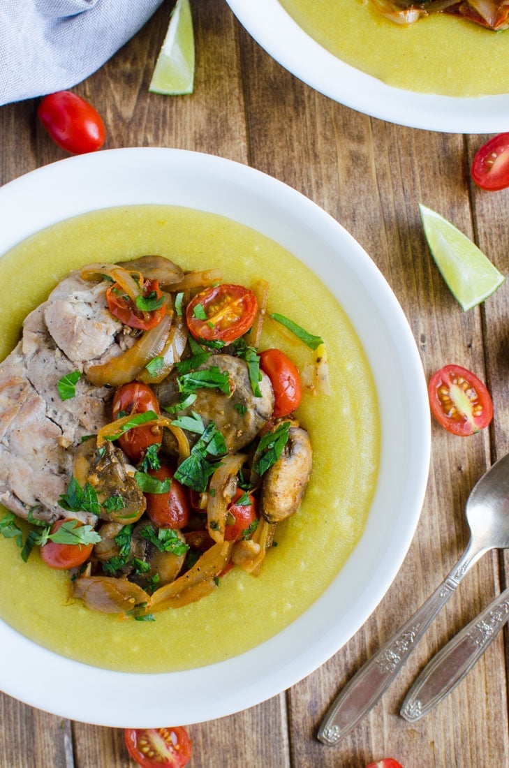 Roasted chicken and mushroom polenta--an easy 30 min recipe. Healthy and gluten free 