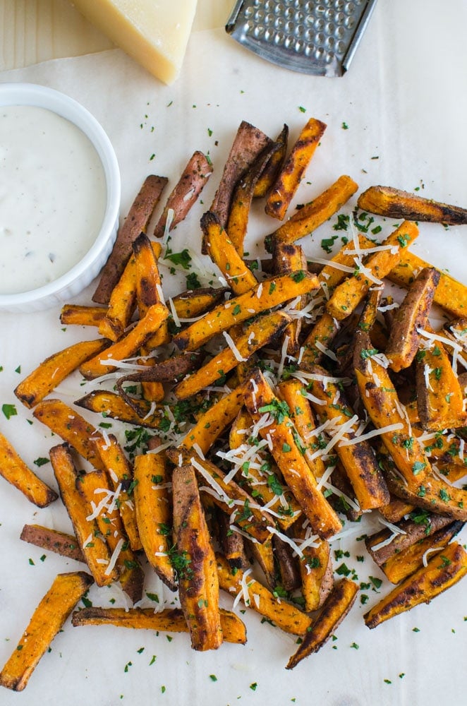 Healthy sweet potato fries that are baked in oven. Less in fat and loaded with complex carbohydrates, dietary fibers and vitamin A.