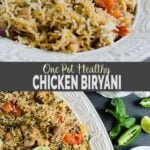 Collage image of chicken biryani in a large platter.