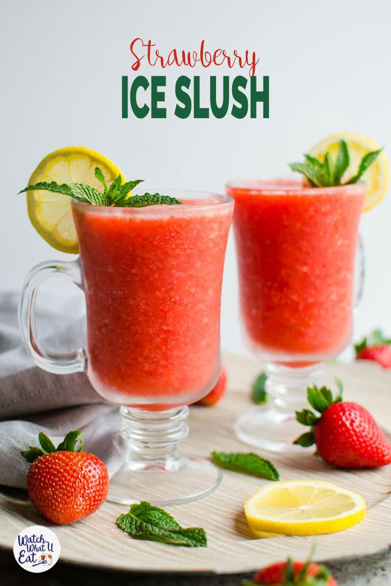 5 min Naturally Sweetened Strawberry Slushie or slush perfect to enjoy the warm weather. Kids friendly healthy strawberry drink! #watchwhatueat #strawberry #slushie