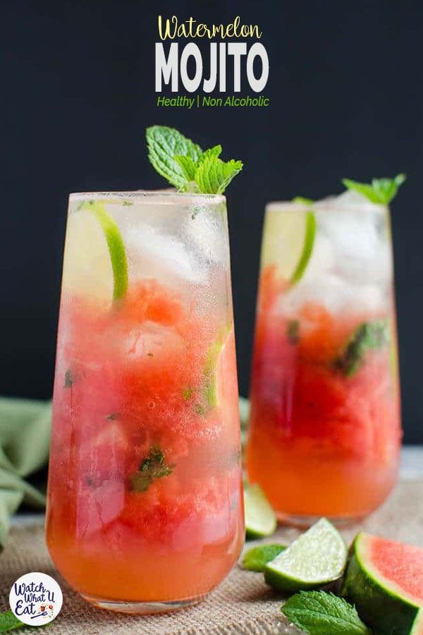 Skinny Watermelon Mojito Recipe- Give a refreshing twist to fresh watermelons. It is healthy, naturally sweetened and non-alcoholic summer drink. | #watchwhatueat #nonalcoholic #watermelon #mocktail #mojito