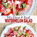This Watermelon Feta Salad with basil is so refreshing and perfect to enjoy seasonal fruits. Super easy recipe to prepare and tons of flavors that you will want to make this summer salad again and again. #watchwhatueat #watermelonsalad #summersalad #watermelon
