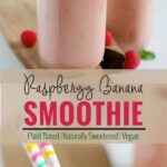 Start your mornings with this vibrant pink healthy raspberry banana smoothie. A vegan, plant based, nutritious smoothie |watchwhatueat.com