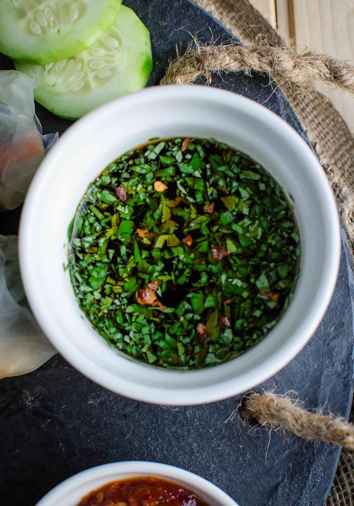  Soy dipping sauce in a serving bowl.