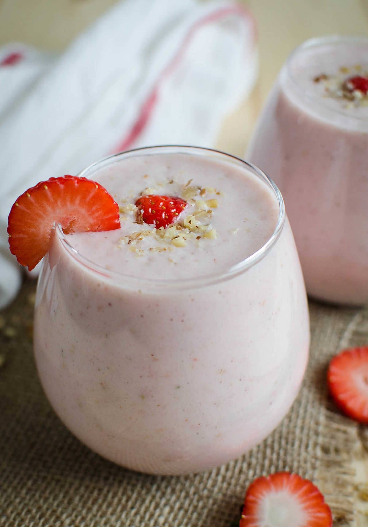 Healthy strawberry banana smoothie with yogurt -- A tasty, nutritious and low-fat treat for morning breakfasts or snacks.