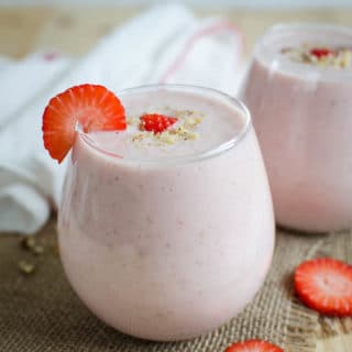 Healthy strawberry banana smoothie with yogurt -- A tasty, nutritious and low-fat treat for morning breakfasts or snacks.