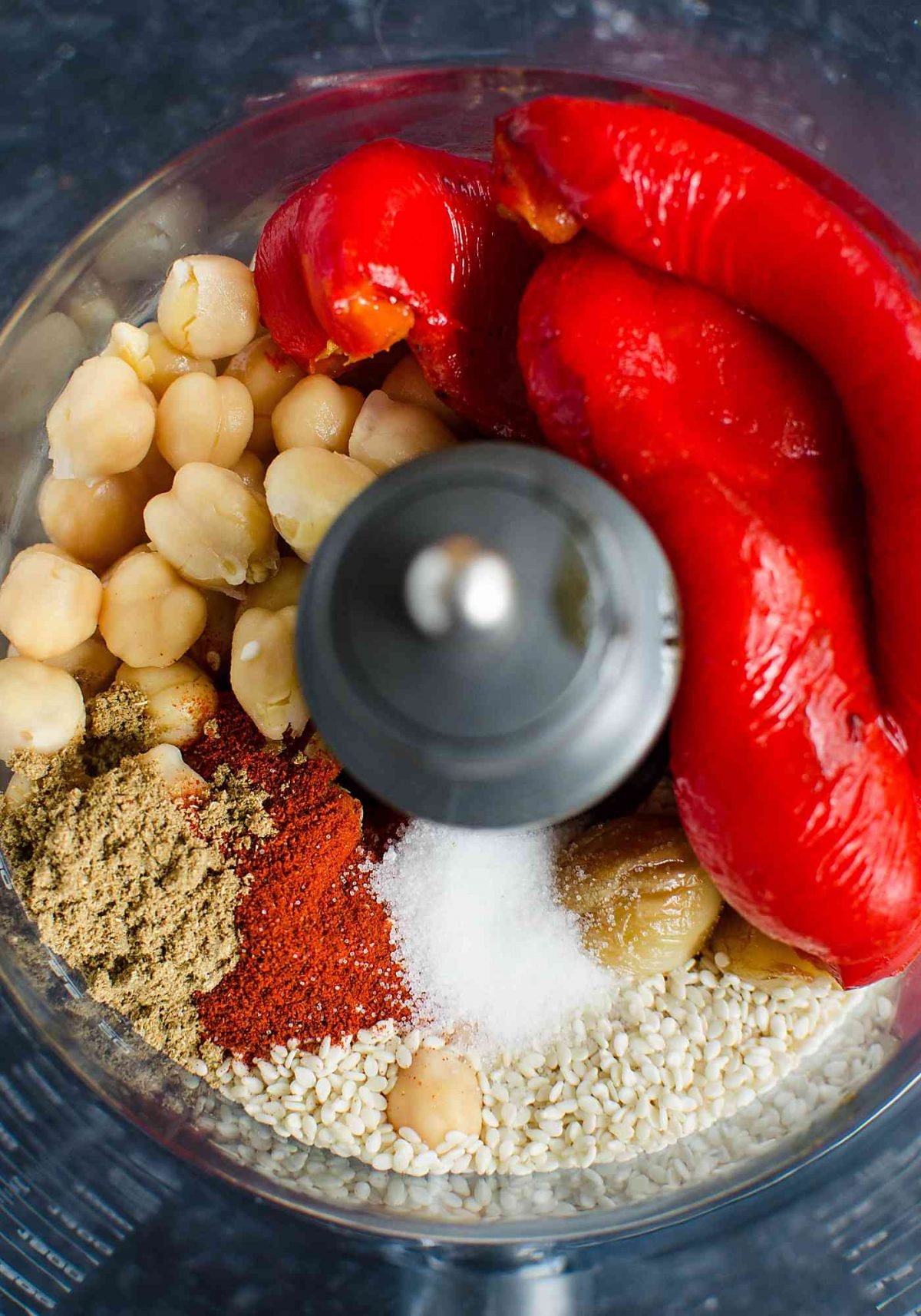 Easy homemade hummus prepared using roasted red peppers