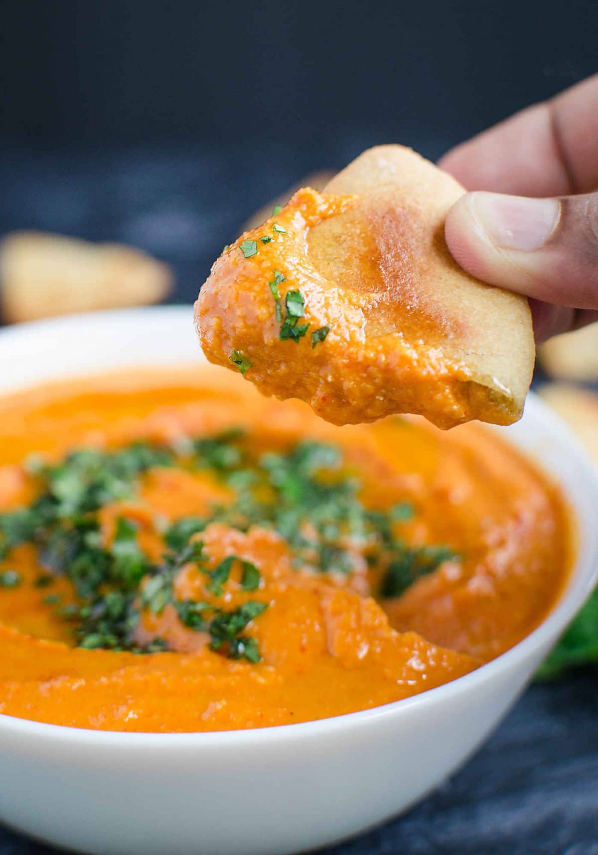 Roasted Red Pepper Hummus Recipe -- You will want to make this again & again. @watchwhatueat