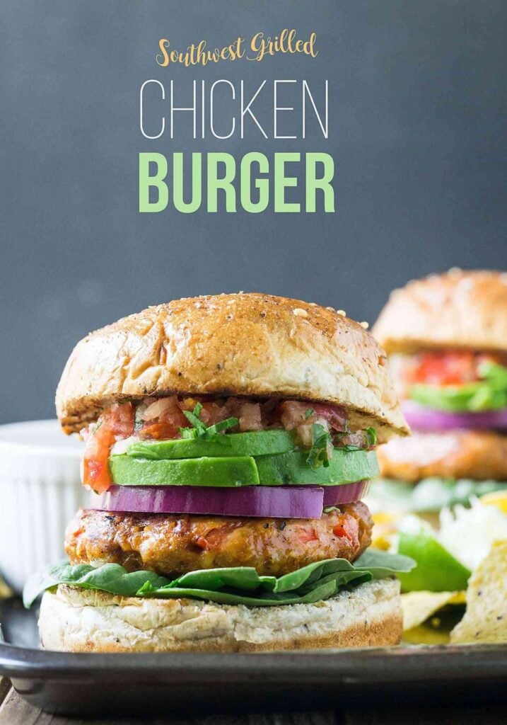 image with fully assembled grilled ground chicken burger with text overlay 'Southwest Grilled Chicken Burger'