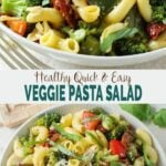 collage image of vegetarian pasta salad in a serving bowl.