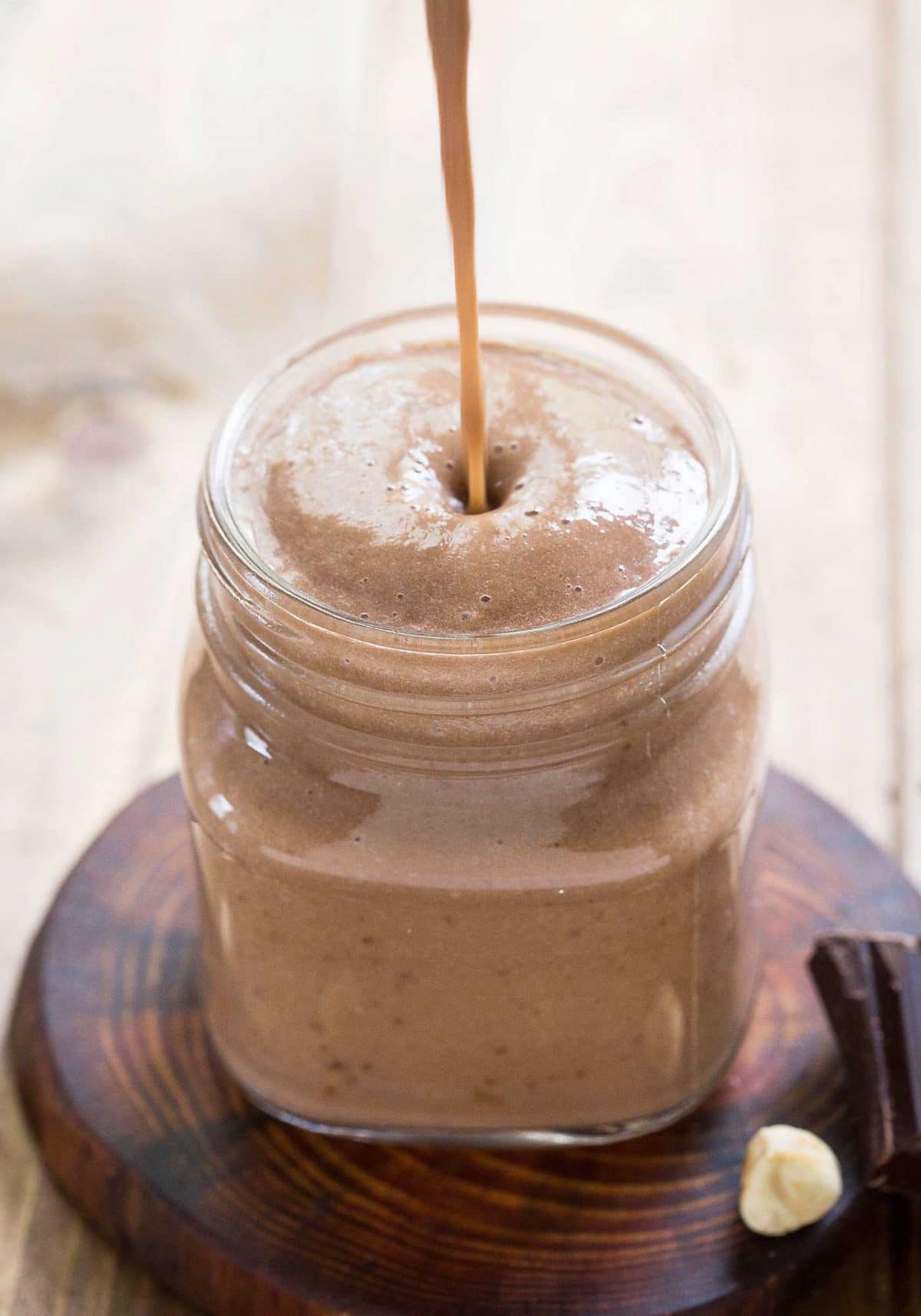 Thick and creamy banana chocolate smoothie. Nutritious and naturally sweetened.