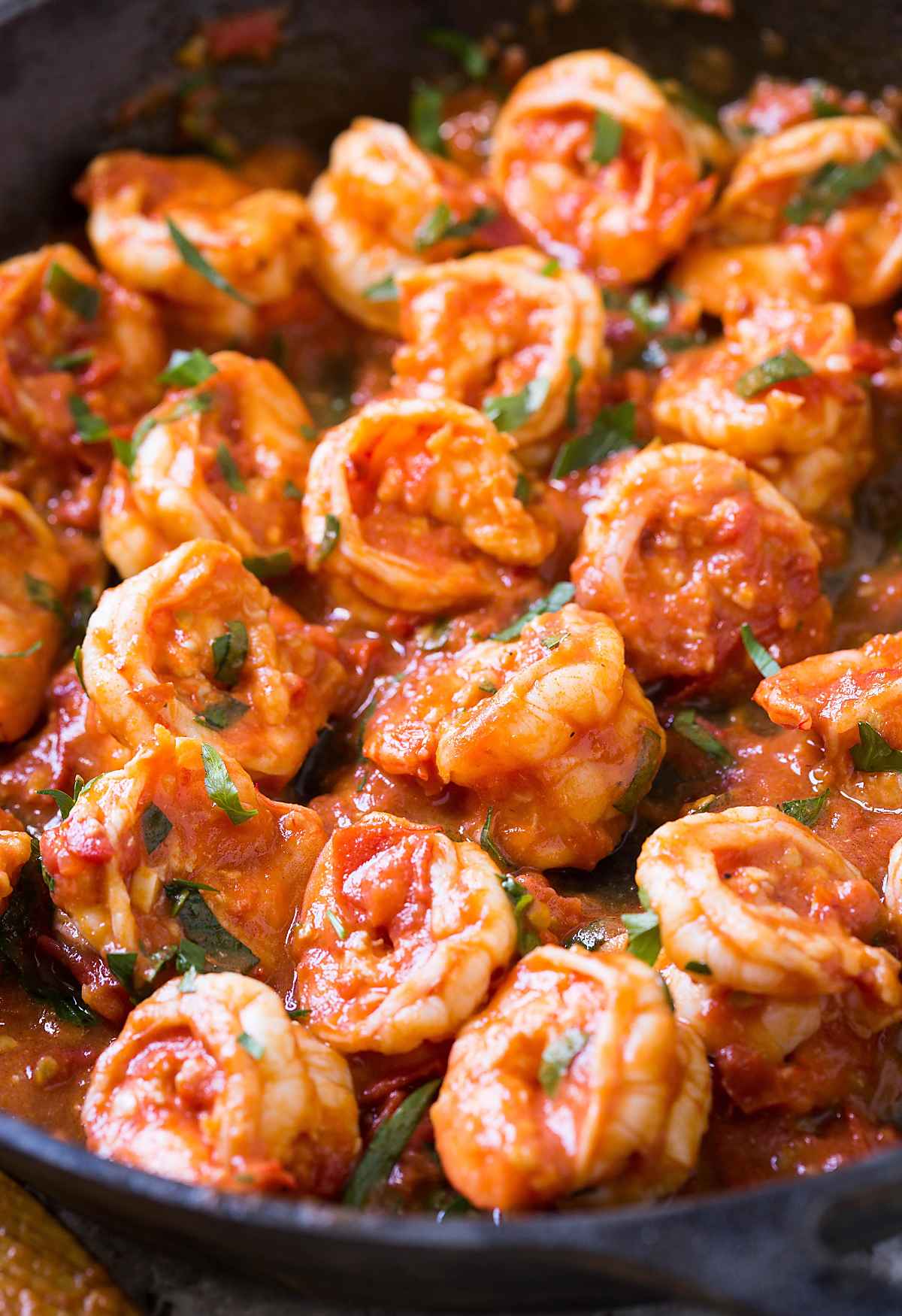 Shrimp with tomato sauce in cast iron skillet.