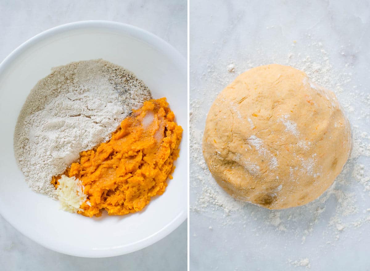 Collage image of flour, sweet potato puree etc in a mixing bowl and gnocchi dough.