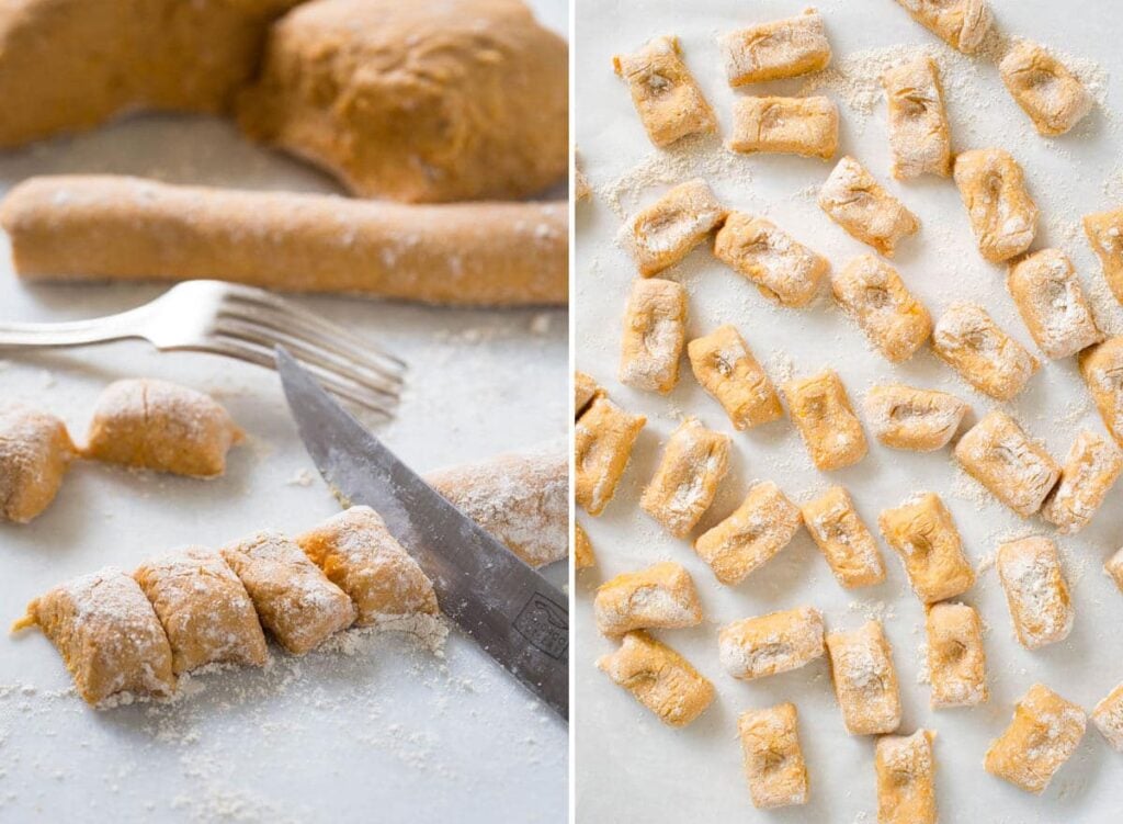 Collage image of cutting dough into small pillow shaped gnocchi and scattered raw sweet potato gnocchi on the flat surface.