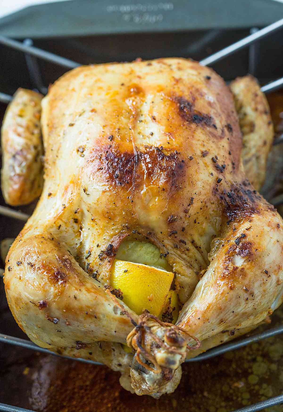 Herb roasted whole chicken in a baking tray.