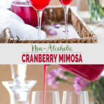 Collage image of non-alcoholic cranberry mimosa served in champagne flutes.