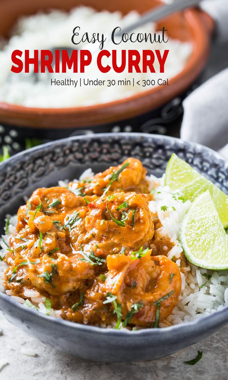 prawn curry with coconut milk served over rice and lime wedges on the side in a serving bowl. Image has text overlay that reads 'easy coconut shrimp curry'.
