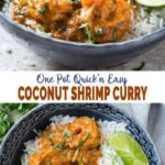 images of coconut shrimp curry served with rice and lime wedges in a serving bowl