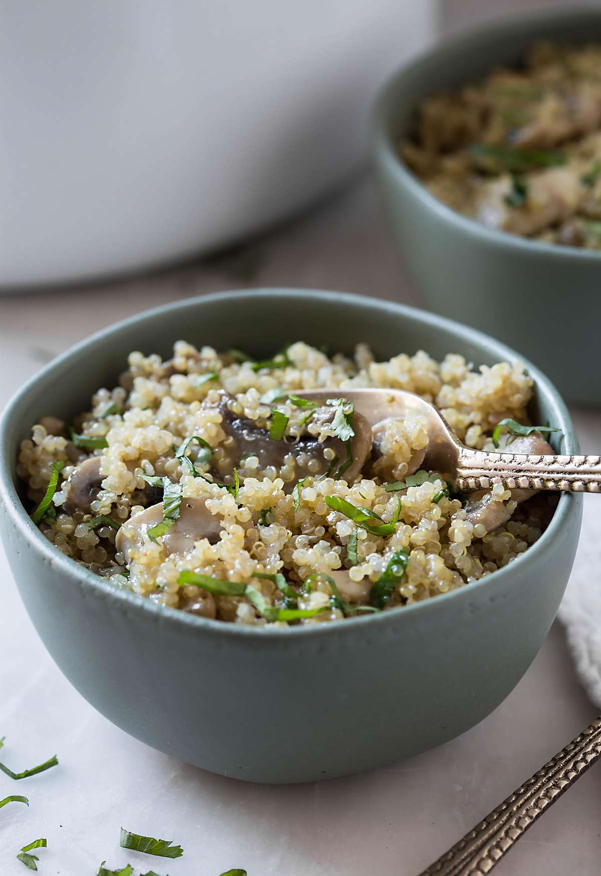 Healthy quinoa with mushroom and garlic served in a ceramic bowl with metal fork.