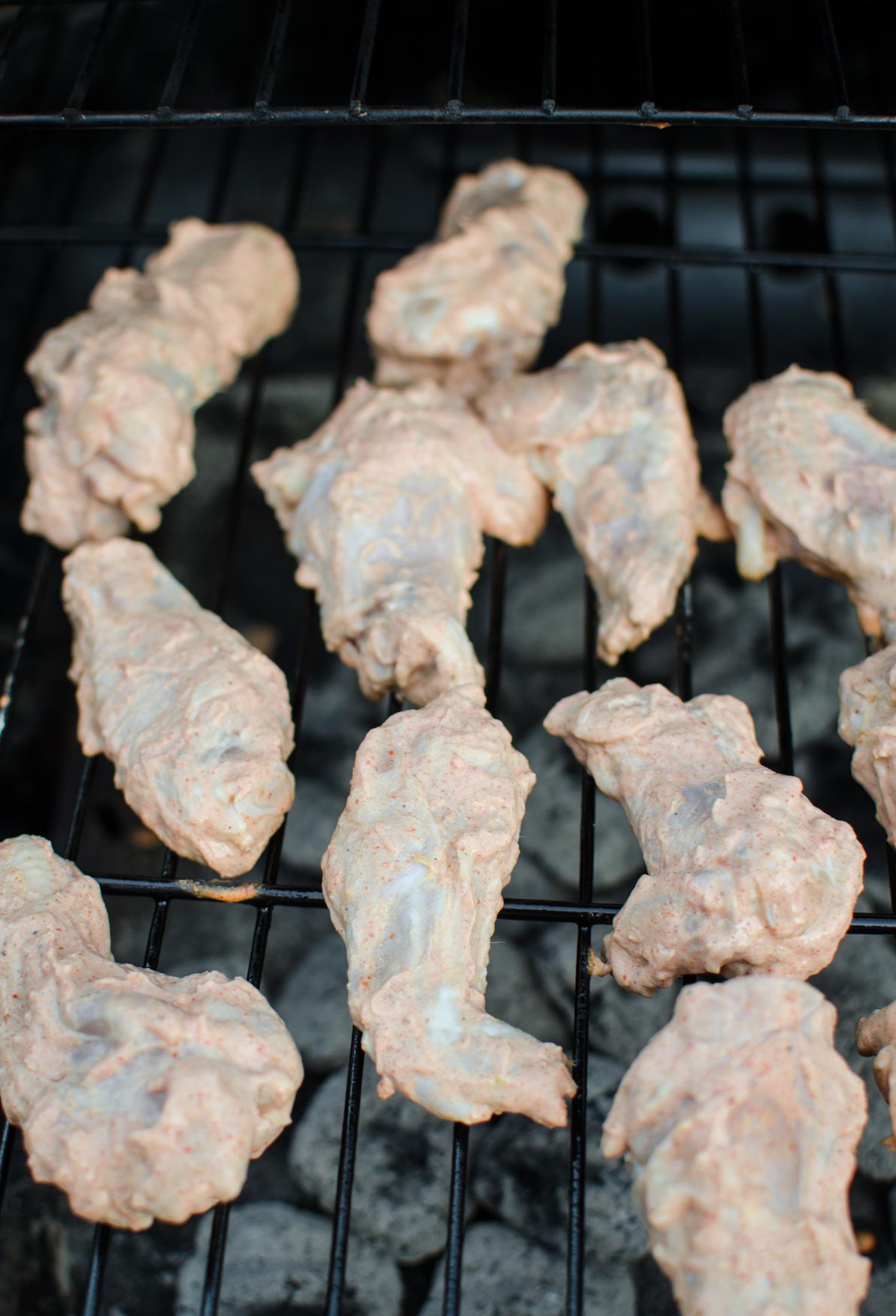 Marinated chicken wings are placed on barbecue rack. 