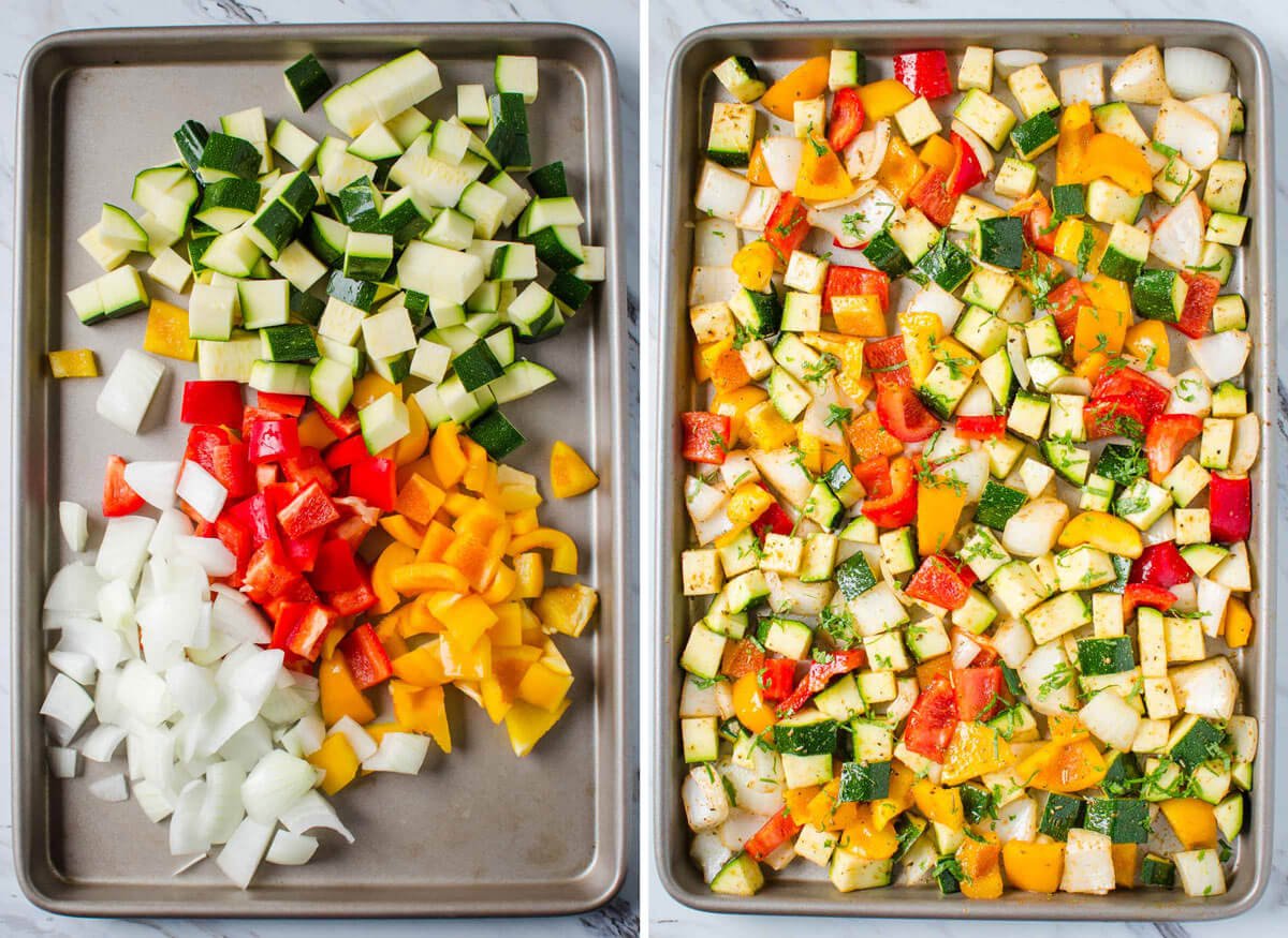 Fresh vegetables rubbed with spices and olive oil for making baked salmon and vegetables