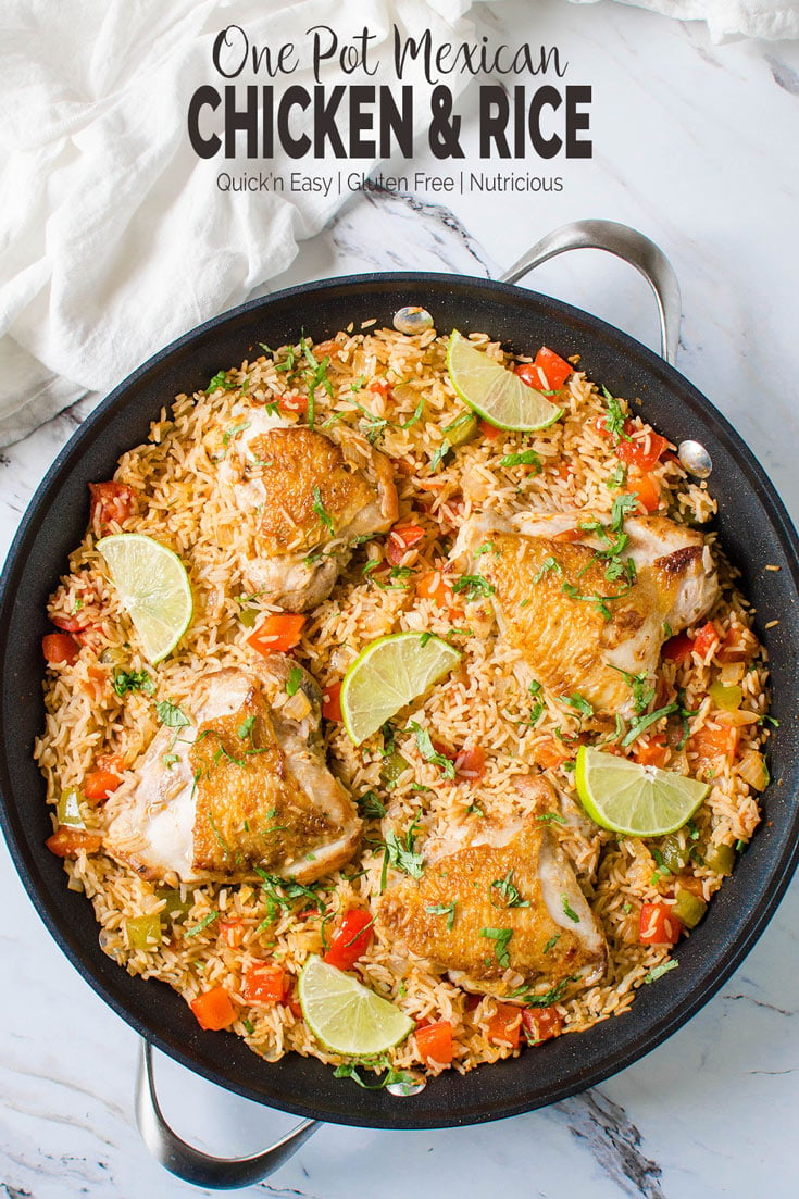 This healthy Mexican chicken and rice is loaded with fresh vegetables and tons of flavors. Simple and easy one-pot recipe for busy weeknight dinner. #onepot #Mexican #chicken #rice #healthyrecipes #watchwhatueat