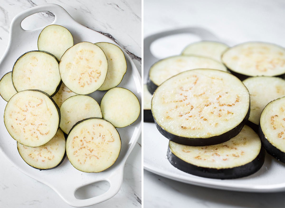 Eggplants cut into thick slices for making Air Fryer eggplant parmesan
