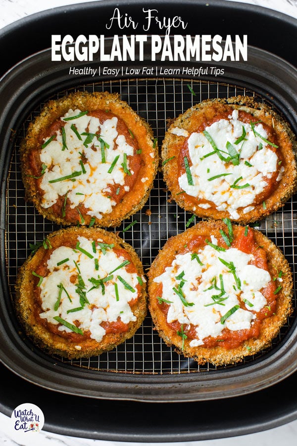 Air Fryer Eggplant Parmesan - Healthy and easy breaded eggplant slices fried in Air Fryer for the perfect crispy crust that exactly mimics the deep fried texture. Learn tips for perfect & mess free coating the eggplant. |#watchwhatueat #healthyrecipes #eggplant #eggplantparmesan #airfryer