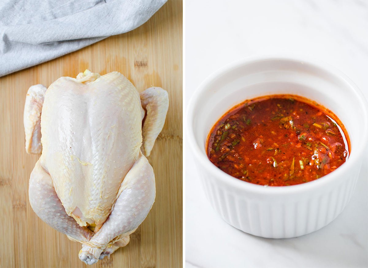 Whole chicken and garlic herb mixture for cooking chicken in Instant Pot.