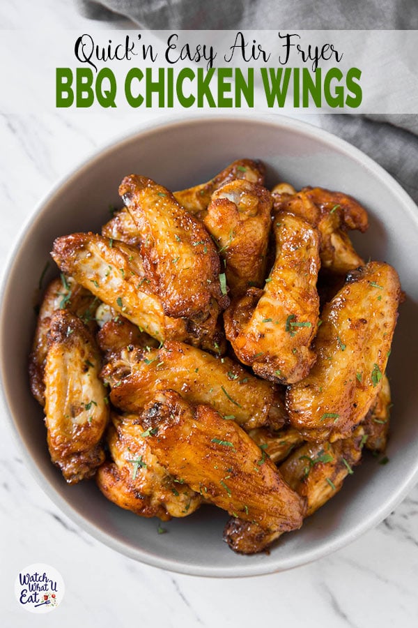 These healthy Air Fryer BBQ Chicken Wings are juicy & tender with amazing smokey flavors from the bbq sauce. Under 30 min, a quick & easy party appetizer or snack recipe. | #watchwhatueat #airfryer #airfryerchickenwings #chickenwings #bbqchickenwings