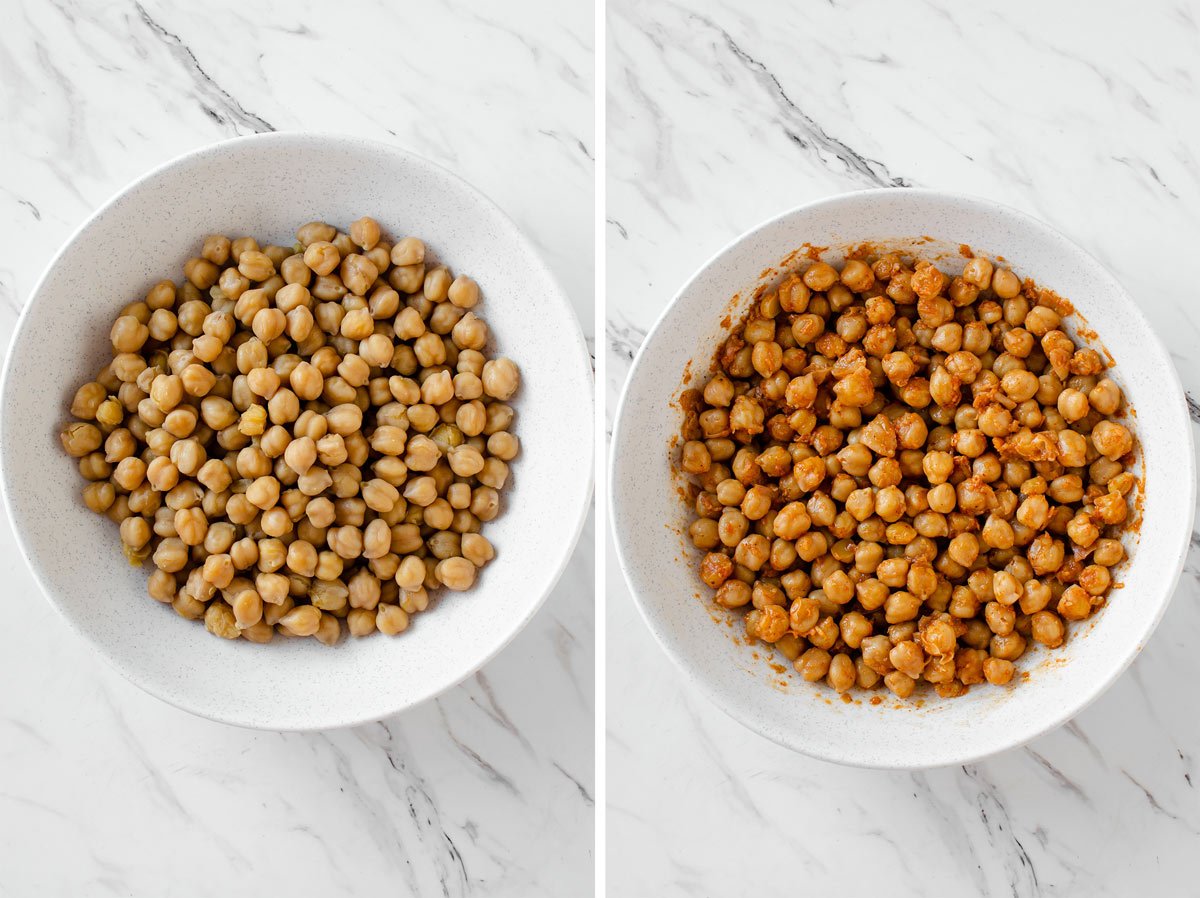 Raw chickpeas marinated with authentic Indian spices in a large white ceramic bowl.