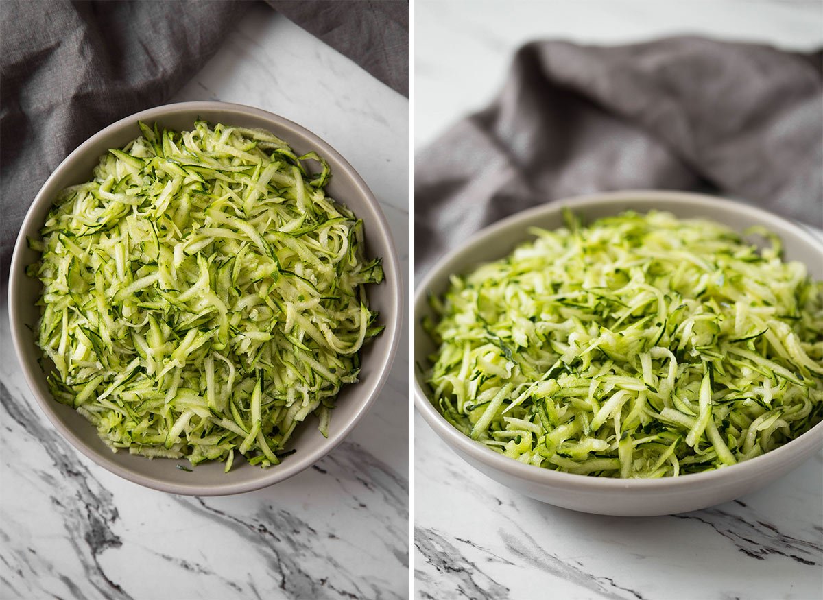 Freshly grated zucchini in a bowl.