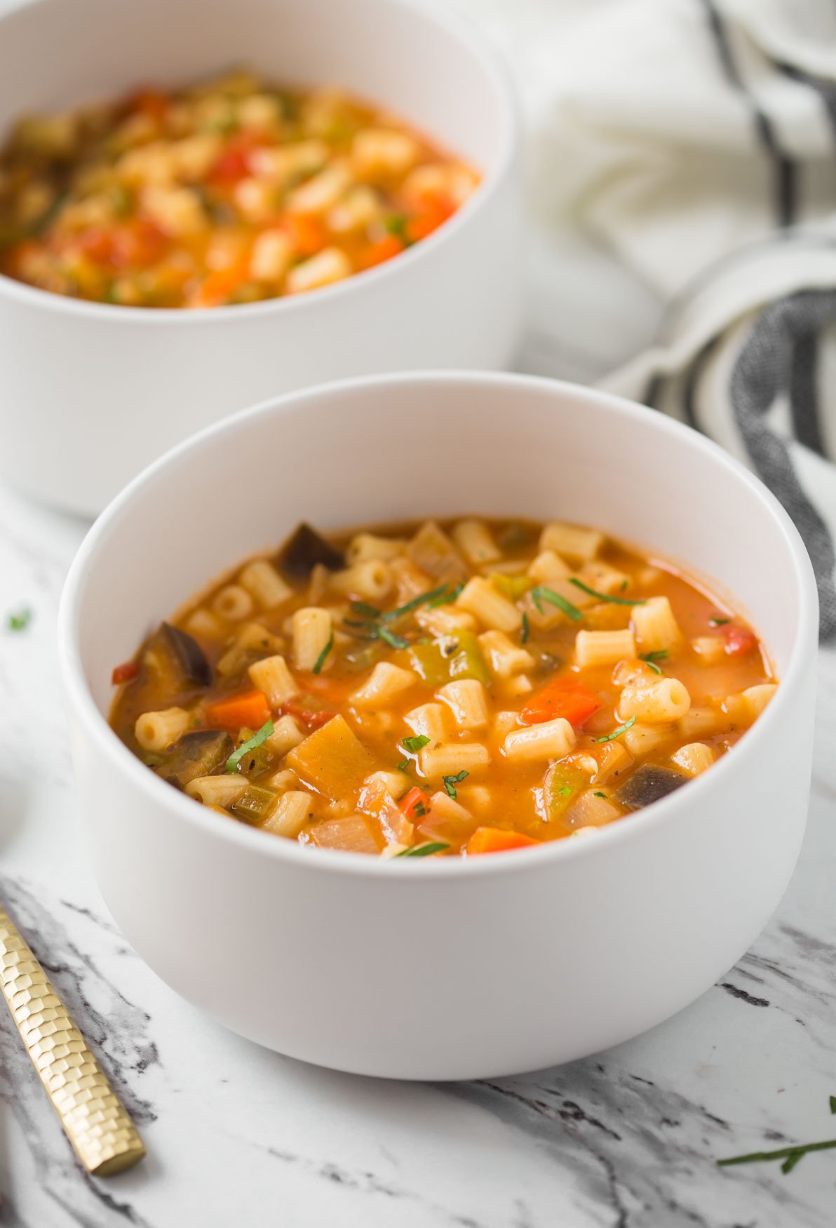 Vegetable pasta soup in a serving soup bowl.