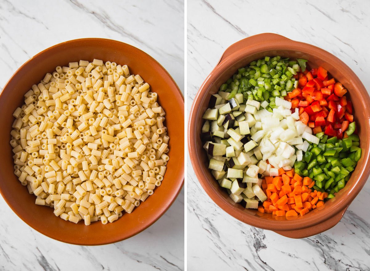 Diced vegetables and ditalini pasta for making vegetable pasta soup