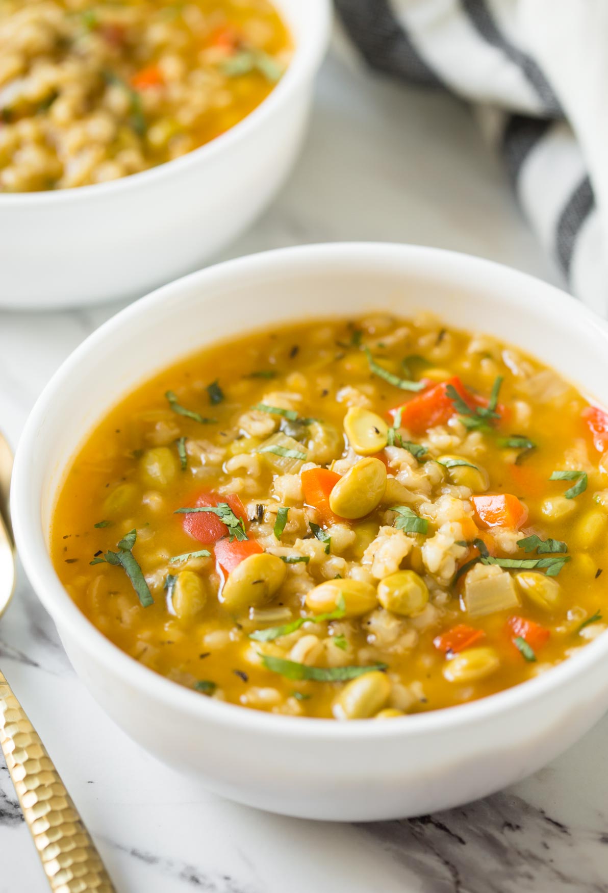 Barley soup with vegetables in a white ceramic soup bowl. 