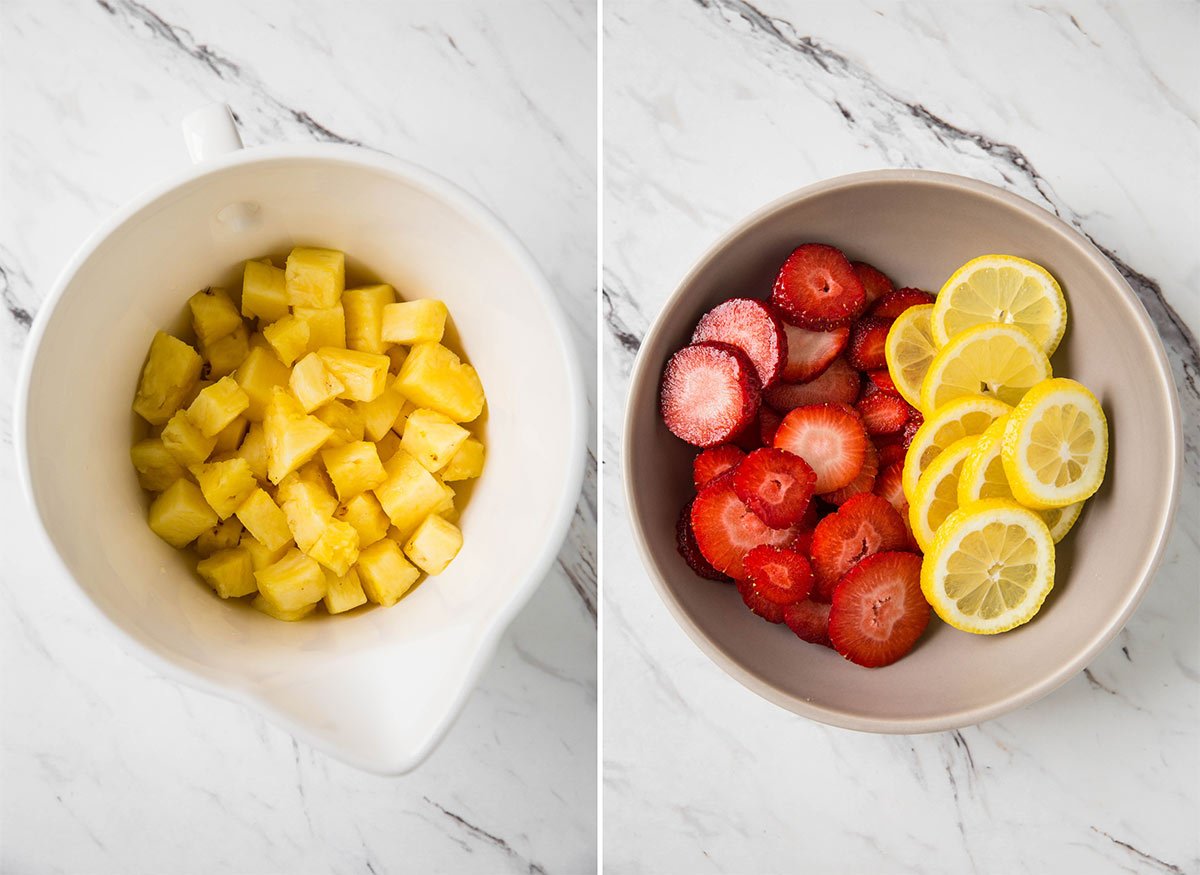 Collage image of diced pineapple in a bowl and sliced strawberry and lemon in a dish. 