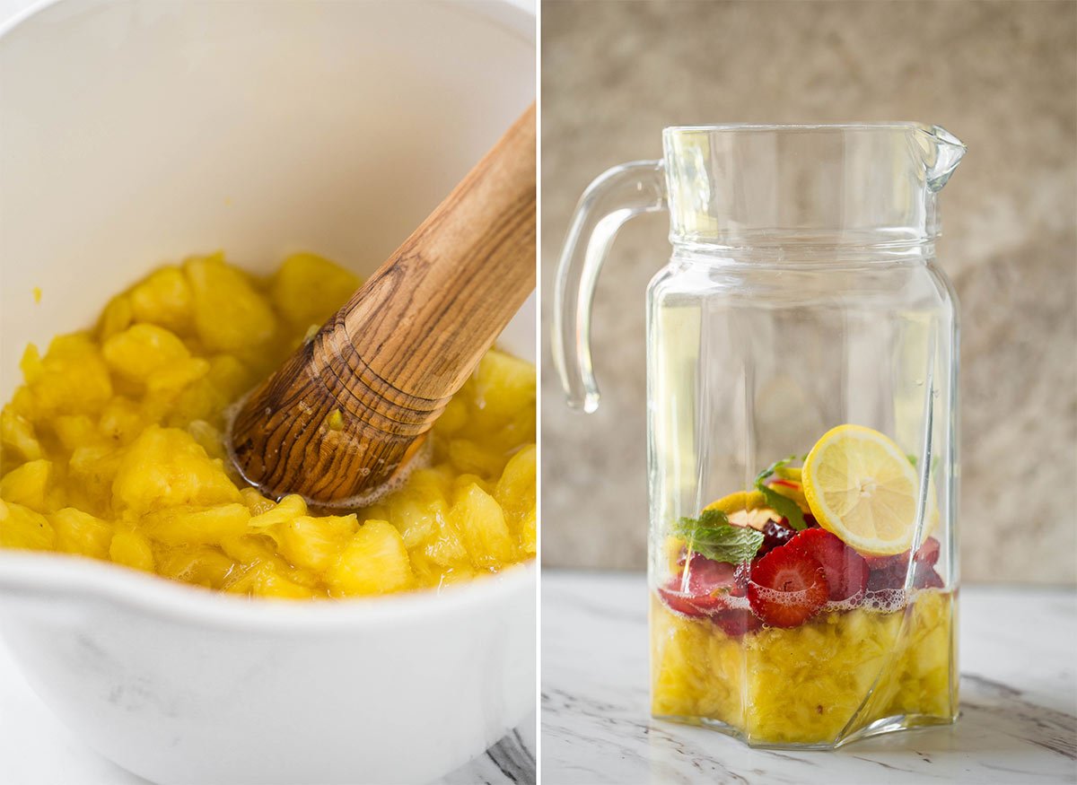 Mashed pineapple in a bowl with wooden muddler. In second image mashed pineapple, sliced strawberry, lemon and mint leaves in a glass pitcher. 