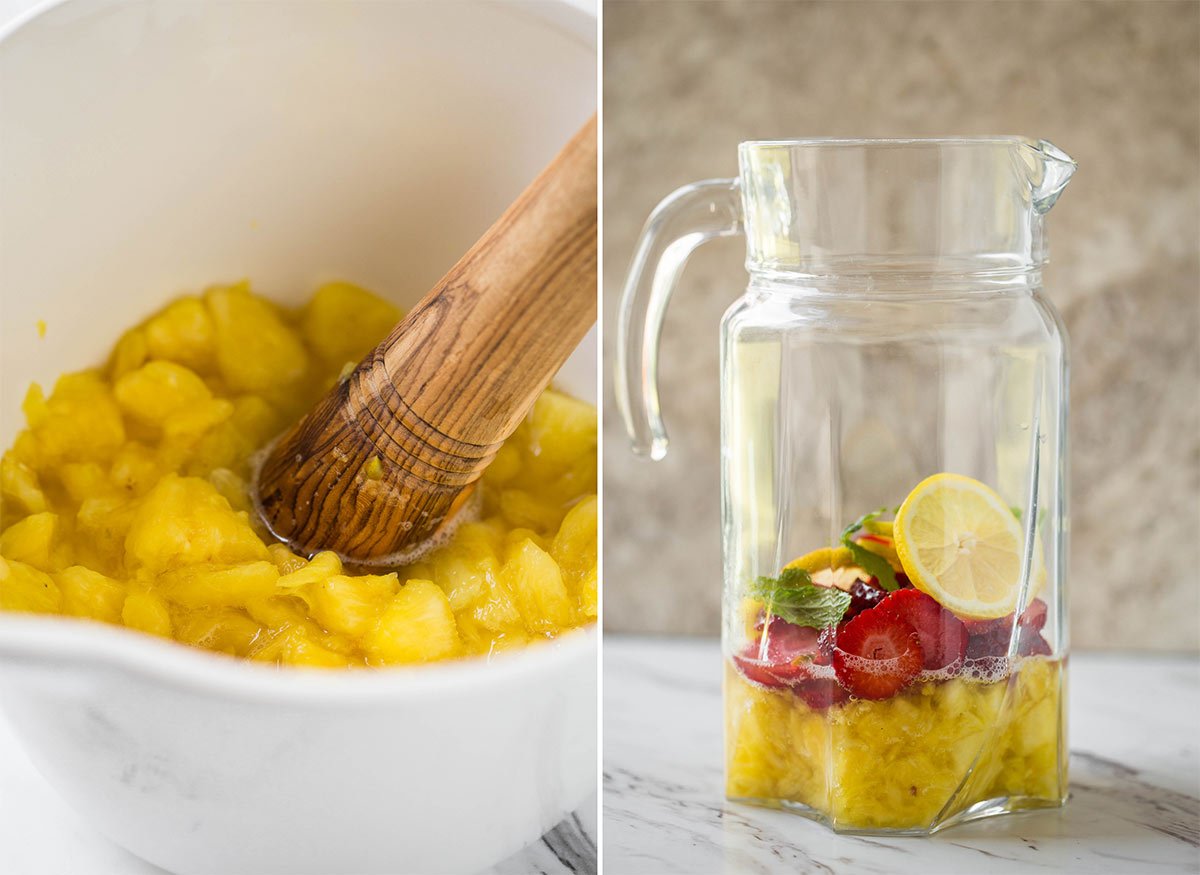 Mashed pineapple in a bowl with wooden muddler. In second image mashed pineapple, sliced strawberry, lemon and mint leaves in a glass pitcher.