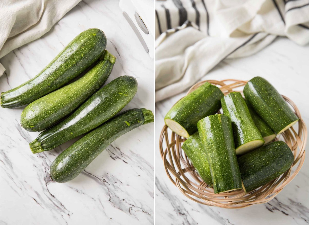 Fresh zucchini cut in half to prepare zucchini noodles.