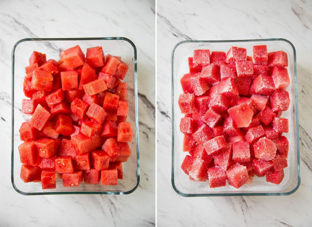 Fresh and frozen watermelon cubes in a glass container